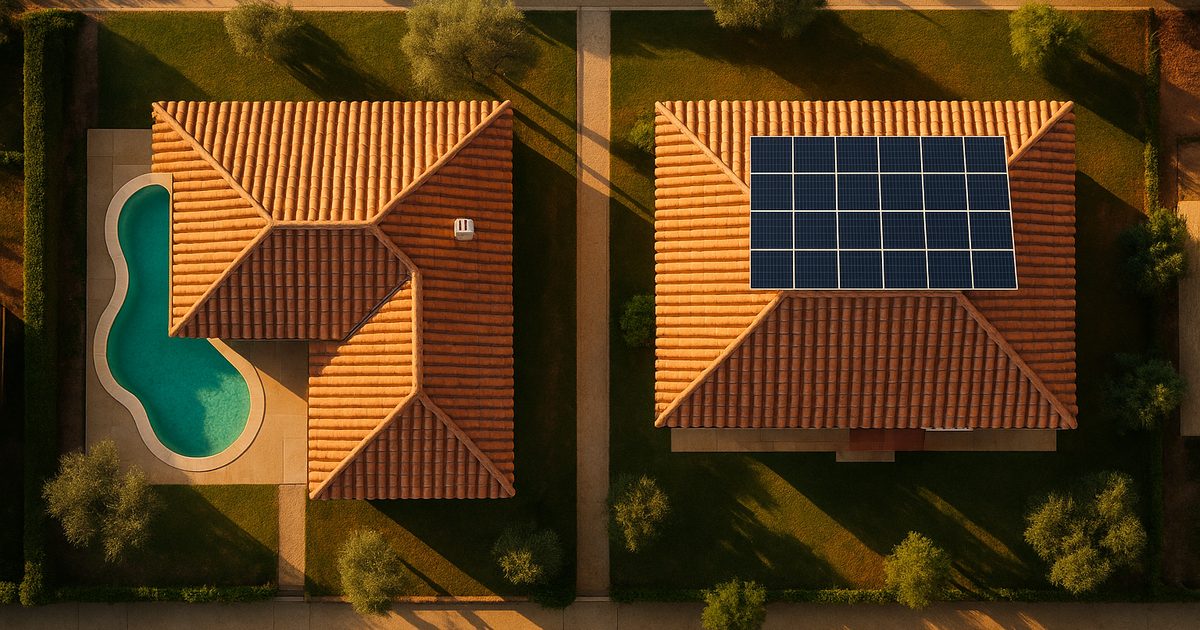 Vista aérea de dos casas vecinas de teja árabe: la de la izquierda tiene una piscina en el jardín, la de la derecha placas solares sobre el faldón del tejado.