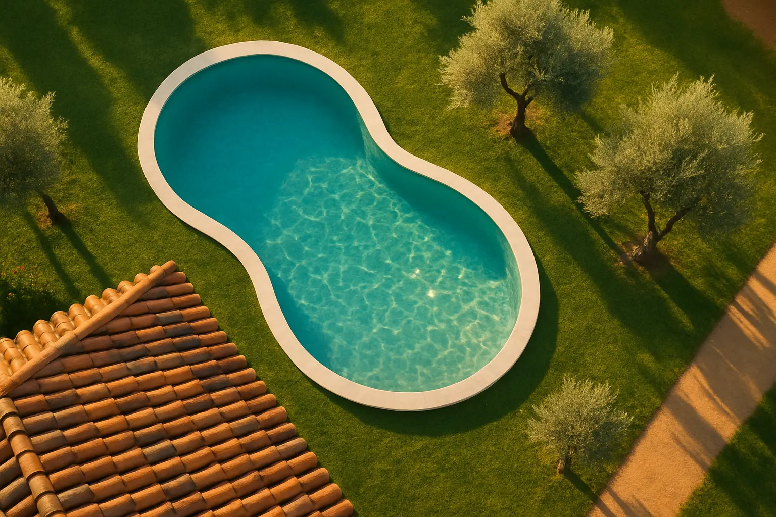 Vista aérea de una parcela con césped, olivos y una piscina de forma orgánica junto a una casa de teja árabe.