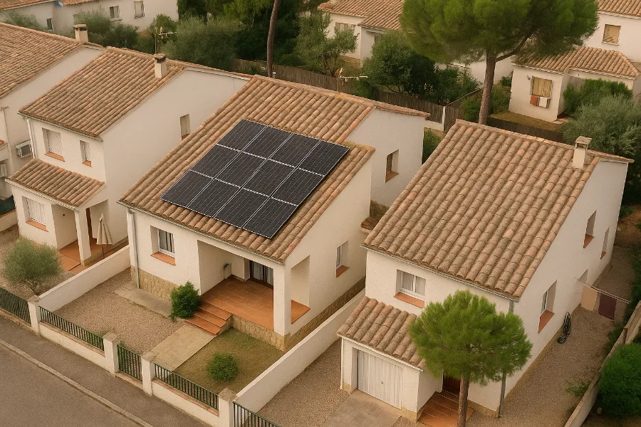 Vista aérea de casas unifamiliares con tejado de teja; una de ellas tiene placas solares instaladas en el faldón sur.